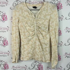 Sant long sleeve button up paisley beige white Cream Ruched Women's Top